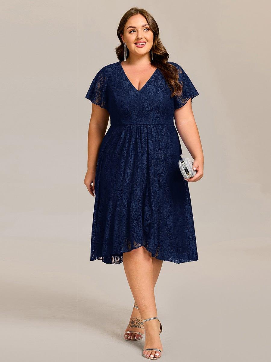 pretty PALOMA|Plus Size Lace Lotus Leaf Ruffles Sleeve Midi Wedding Guest Dress