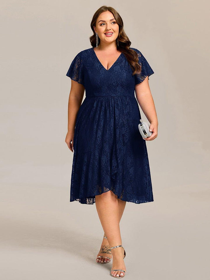 pretty PALOMA|Plus Size Lace Lotus Leaf Ruffles Sleeve Midi Wedding Guest Dress