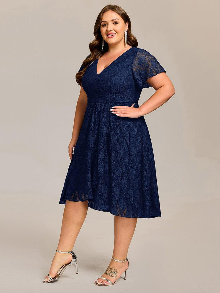 pretty PALOMA|Plus Size Lace Lotus Leaf Ruffles Sleeve Midi Wedding Guest Dress