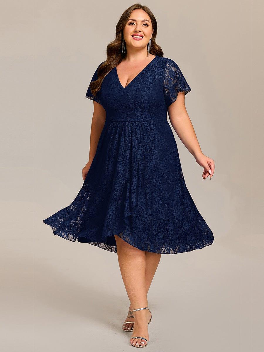 pretty PALOMA|Plus Size Lace Lotus Leaf Ruffles Sleeve Midi Wedding Guest Dress