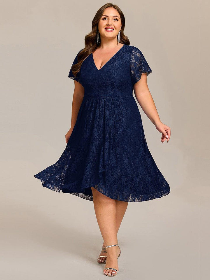 pretty PALOMA|Plus Size Lace Lotus Leaf Ruffles Sleeve Midi Wedding Guest Dress
