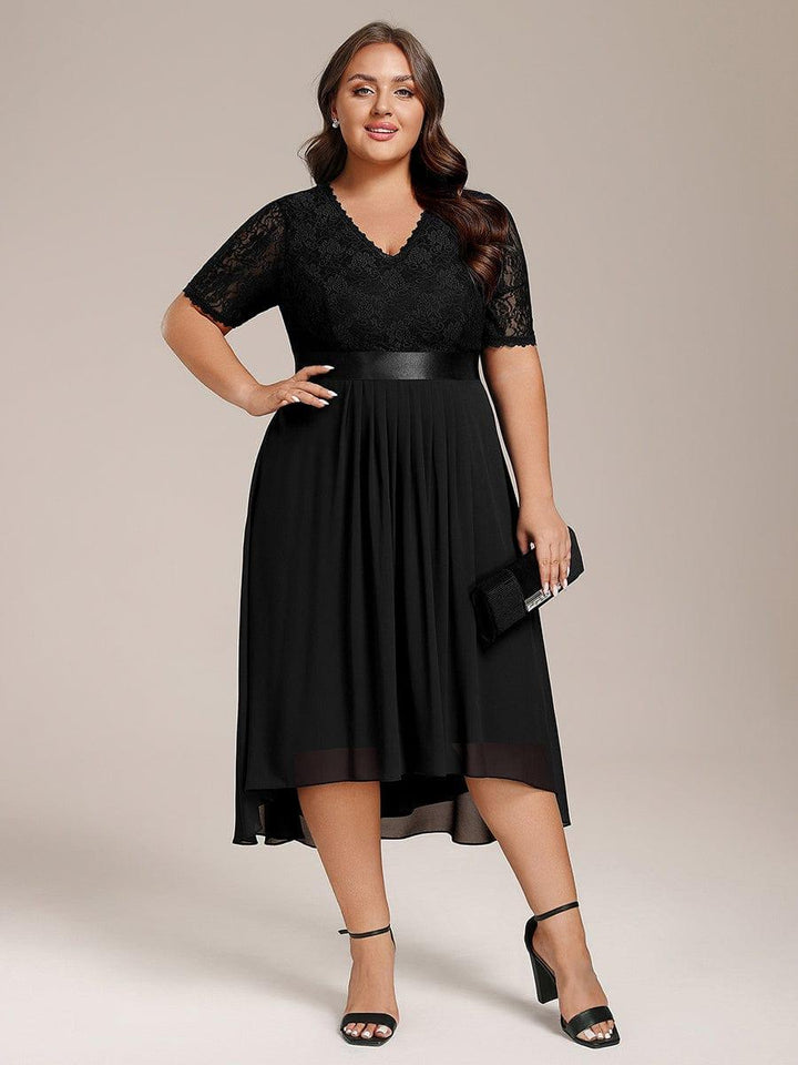pretty JOLEN|Plus Size Half Sleeve V Neck Midi Wedding Guest Dress With Lace