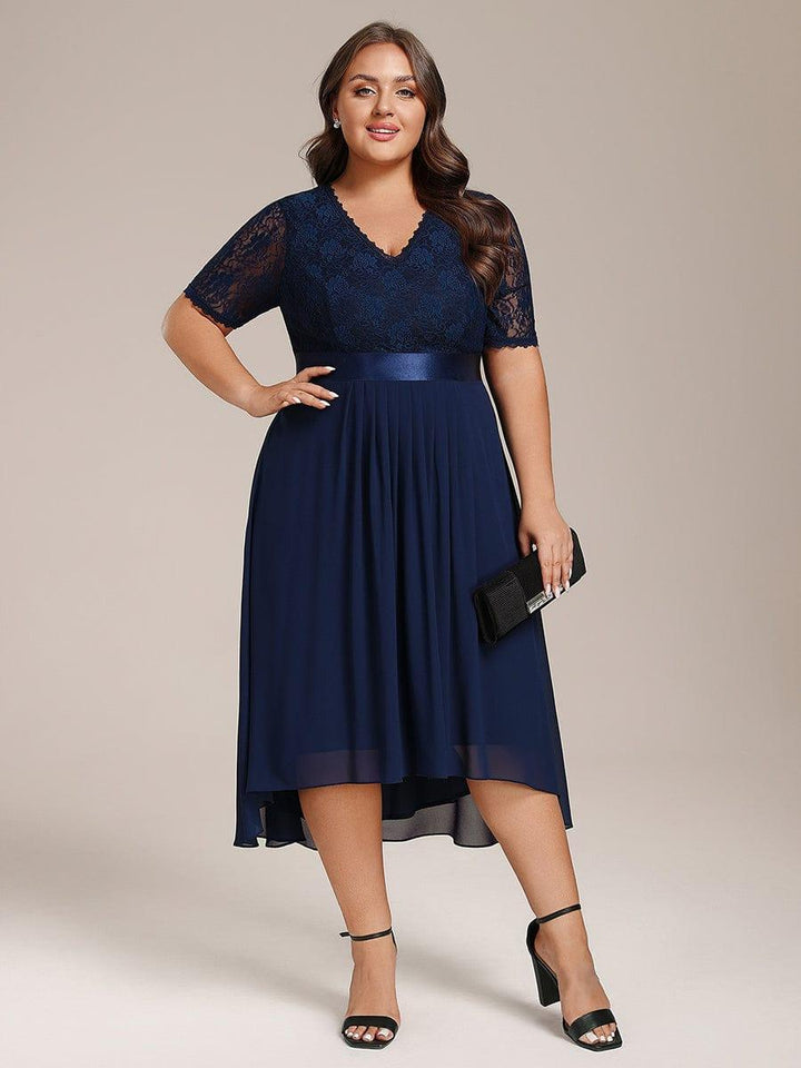 pretty JOLEN|Plus Size Half Sleeve V Neck Midi Wedding Guest Dress With Lace