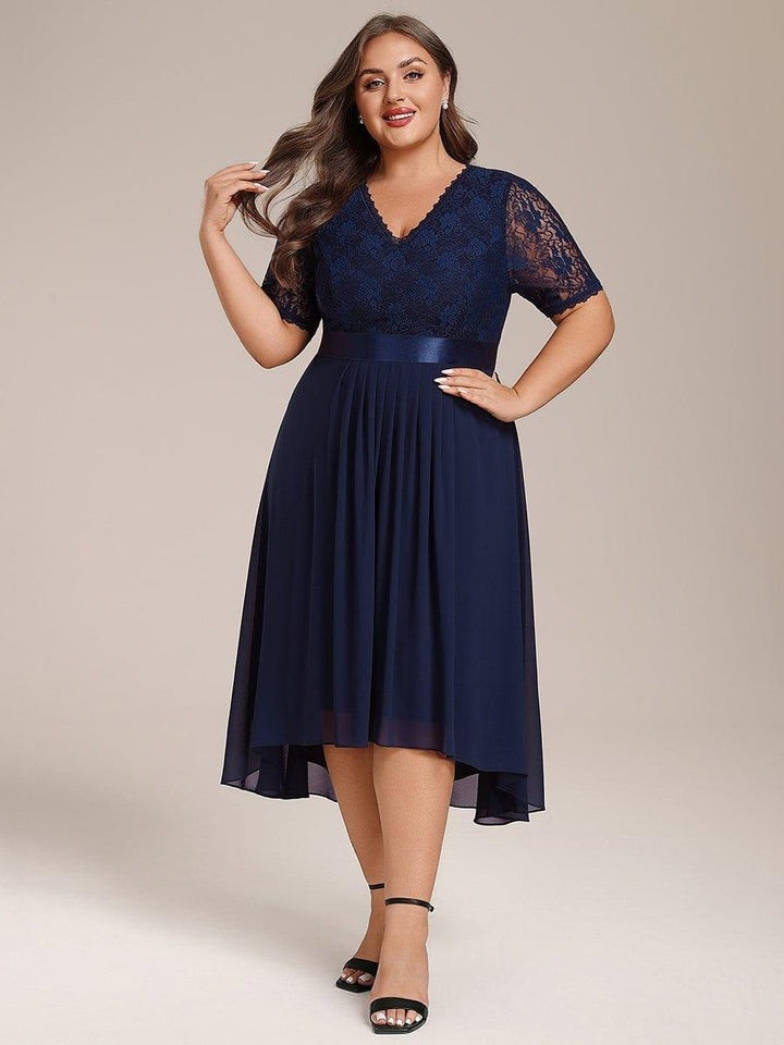 pretty JOLEN|Plus Size Half Sleeve V Neck Midi Wedding Guest Dress With Lace
