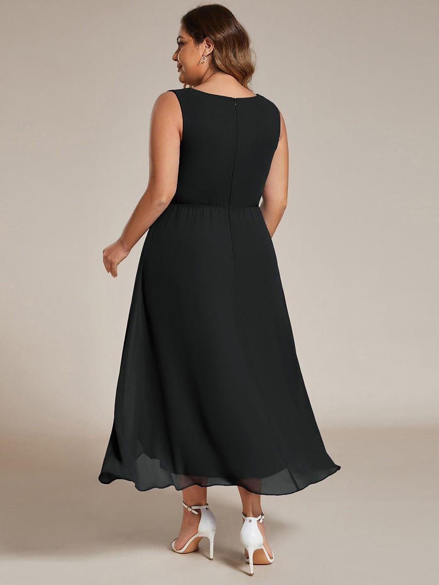 pretty IRYS|Plus Size Sleeveless Chiffon High-Low Wedding Guest Dress with Waist Applique