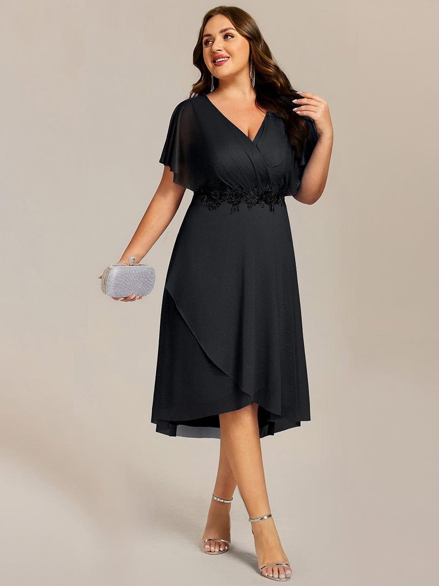 pretty DANNA|Plus Size Glitter Bat-Wing Applique Asymmetrical Hem Midi Weeding Guest Dress