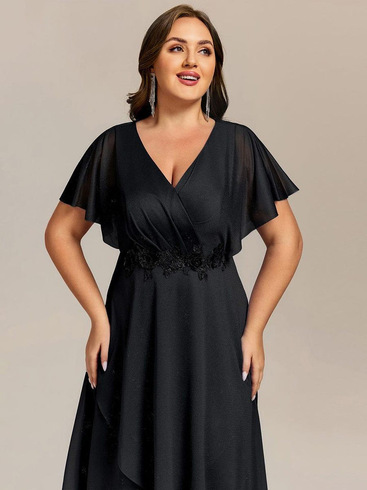 pretty DANNA|Plus Size Glitter Bat-Wing Applique Asymmetrical Hem Midi Weeding Guest Dress