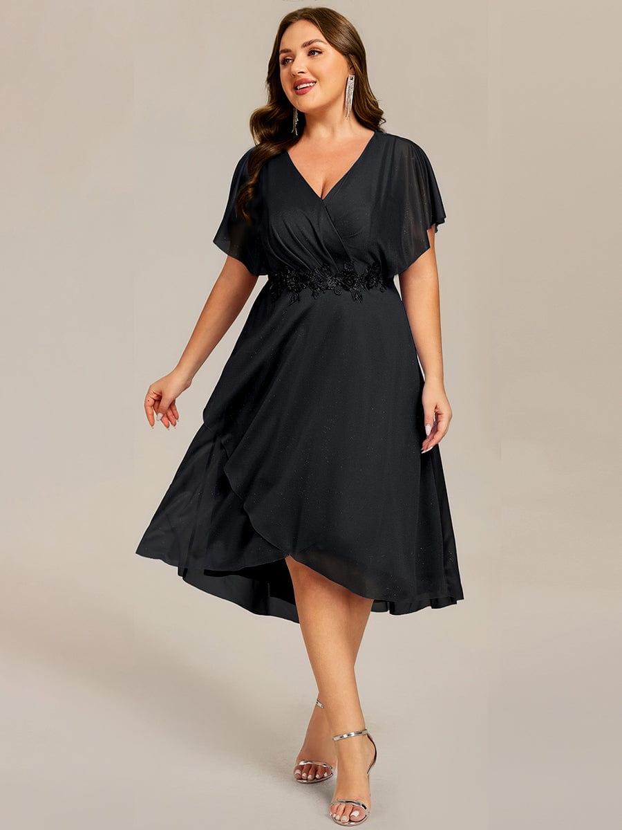 pretty DANNA|Plus Size Glitter Bat-Wing Applique Asymmetrical Hem Midi Weeding Guest Dress
