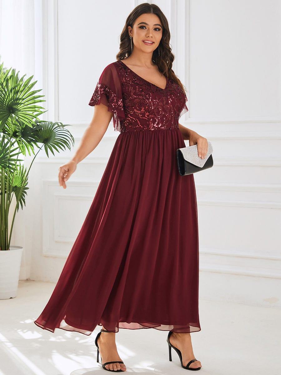 pretty HAZEL|Plus Size V-Neck Short Sleeve Sequin Bodice Mother of the Bride Dress