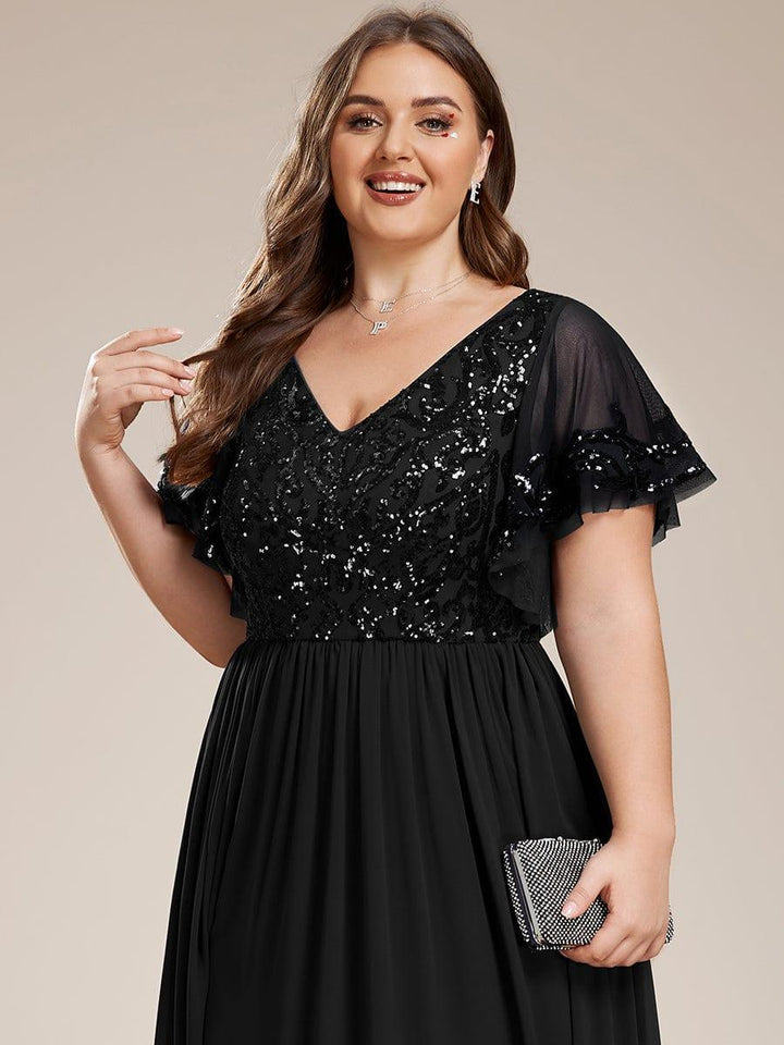 pretty HAZEL|Plus Size V-Neck Short Sleeve Sequin Bodice Mother of the Bride Dress