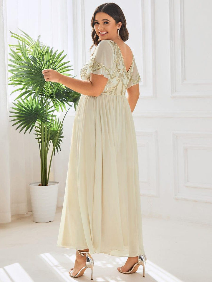 pretty HAZEL|Plus Size V-Neck Short Sleeve Sequin Bodice Mother of the Bride Dress