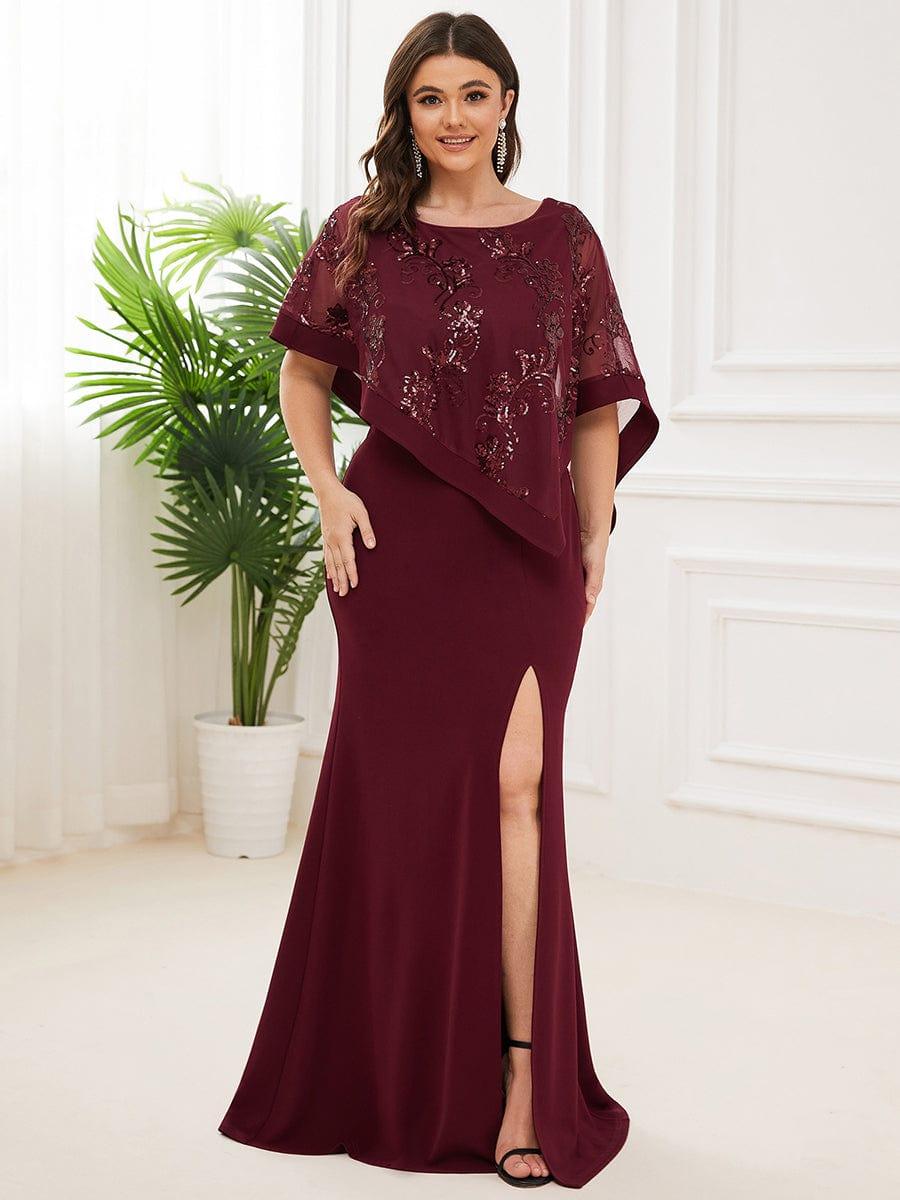 pretty CELINE|Plus Size Asymmetrical Cape Sequin Mother of the Bride Dress