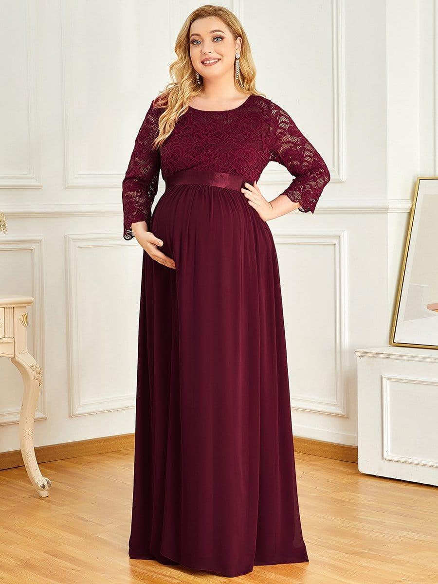 pretty KALANI|3/4 Sleeve Lace Floor Length Plus Size Maternity Dress