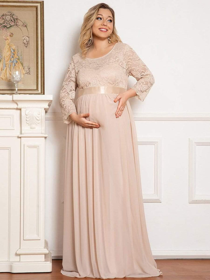 pretty KALANI|3/4 Sleeve Lace Floor Length Plus Size Maternity Dress
