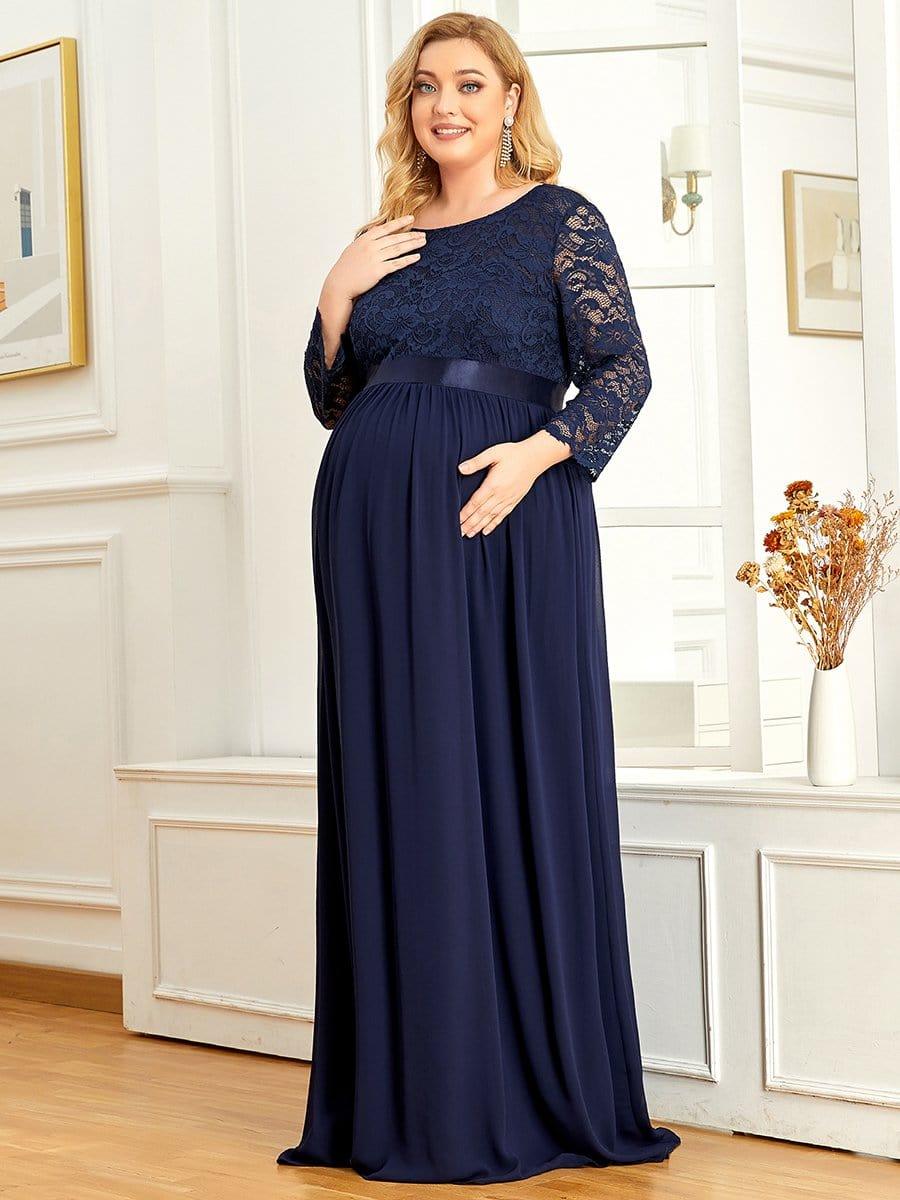 pretty KALANI|3/4 Sleeve Lace Floor Length Plus Size Maternity Dress