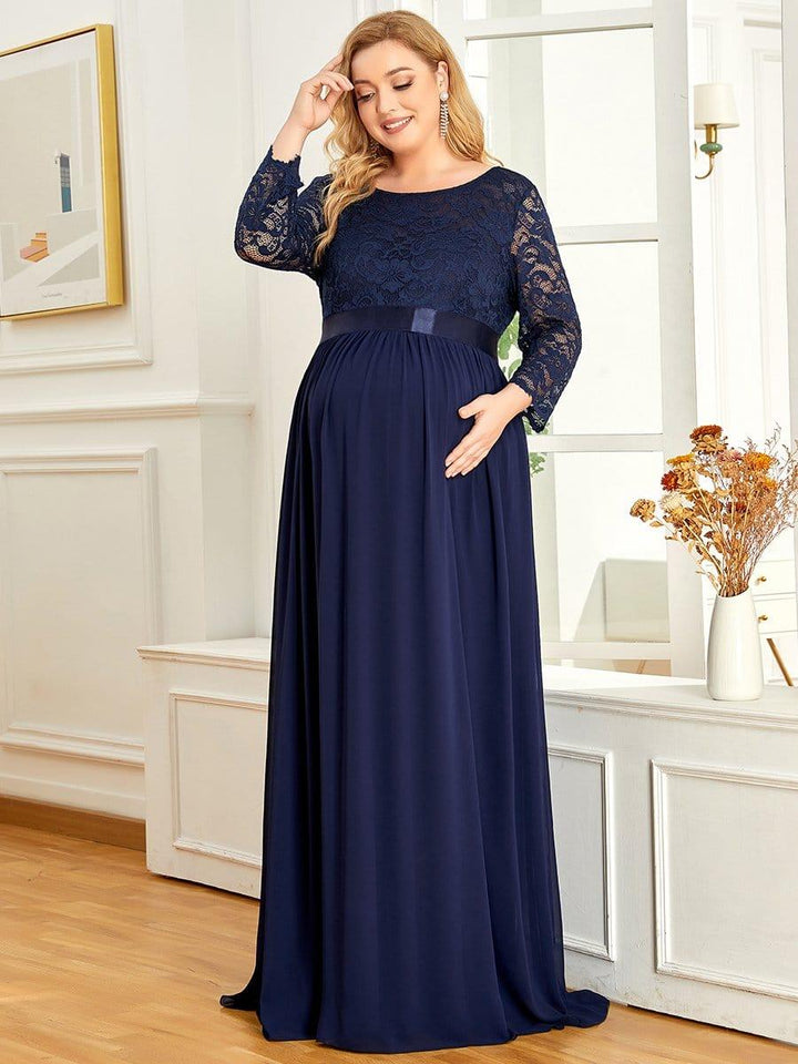pretty KALANI|3/4 Sleeve Lace Floor Length Plus Size Maternity Dress