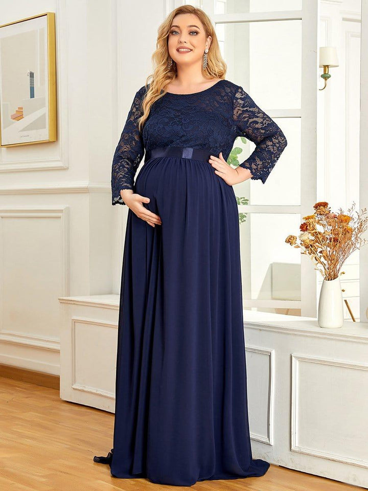 pretty KALANI|3/4 Sleeve Lace Floor Length Plus Size Maternity Dress