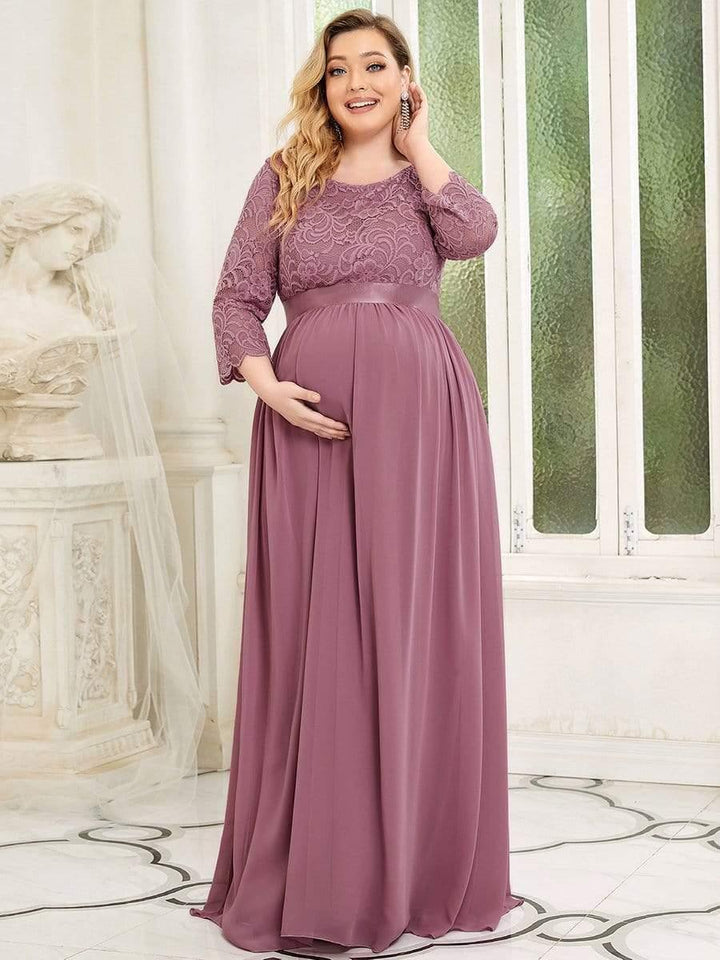 pretty KALANI|3/4 Sleeve Lace Floor Length Plus Size Maternity Dress