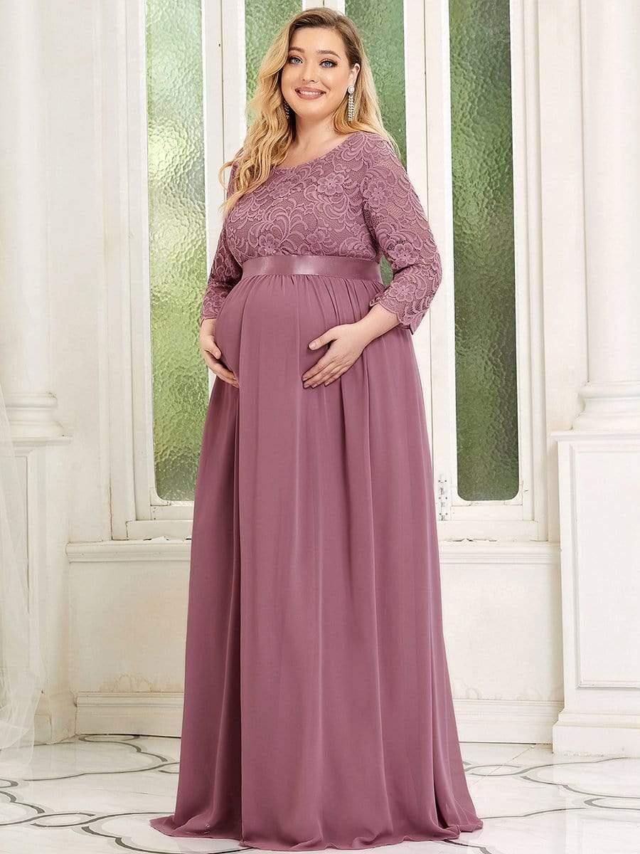 pretty KALANI|3/4 Sleeve Lace Floor Length Plus Size Maternity Dress