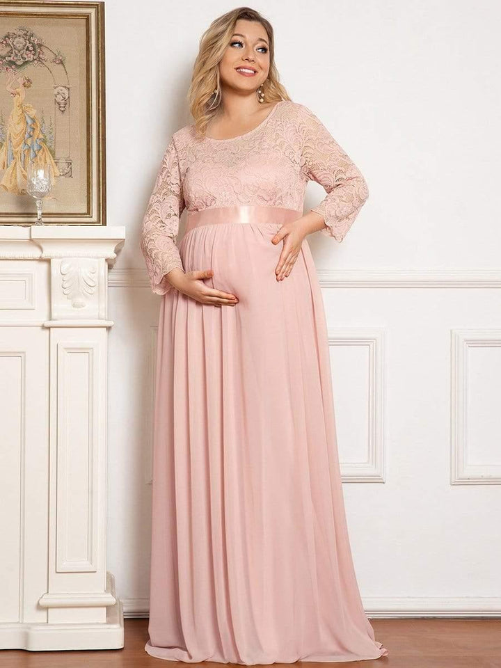 pretty KALANI|3/4 Sleeve Lace Floor Length Plus Size Maternity Dress