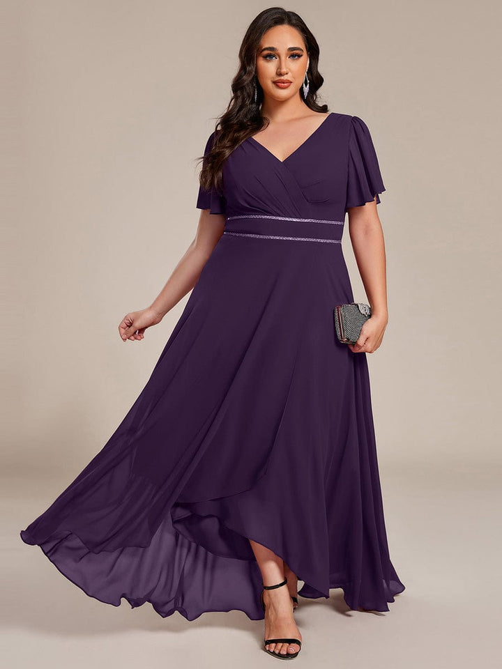 ever DAKOTA|Plus Size Chiffon Ruffle Sleeves Rhinestone Waist High-Low Wedding Guest Dress