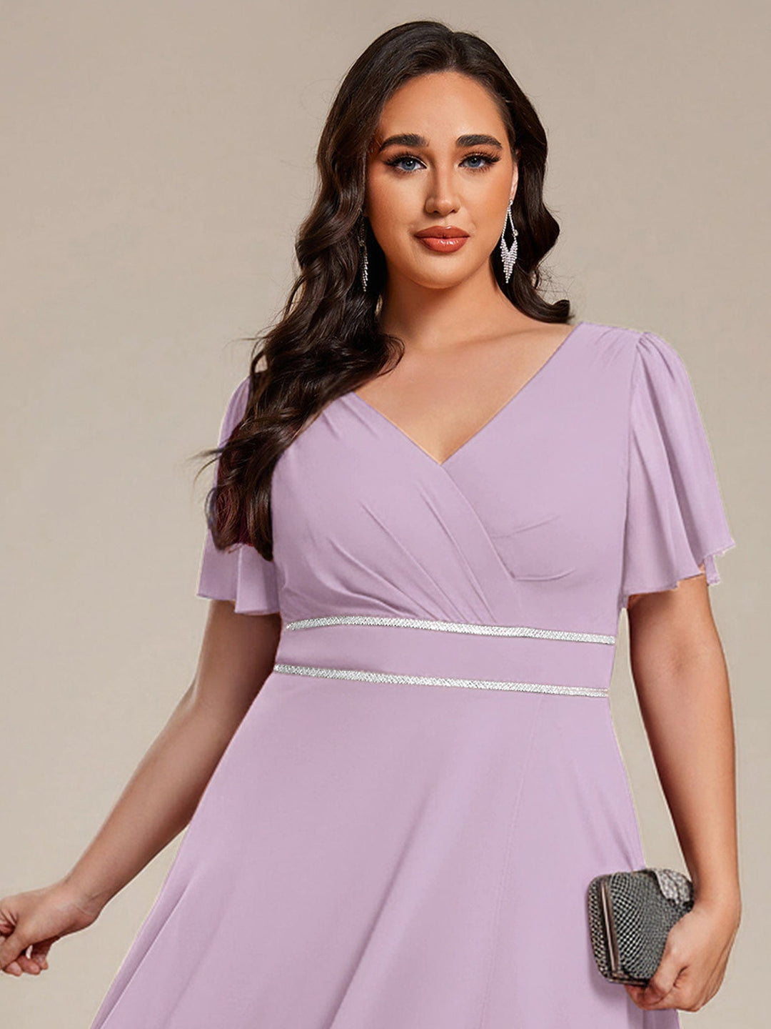 ever DAKOTA|Plus Size Chiffon Ruffle Sleeves Rhinestone Waist High-Low Wedding Guest Dress