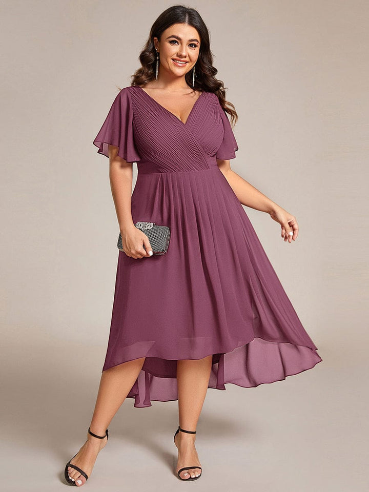 pretty FAYE|Plus Size V-Neck High-Low Chiffon Wedding Guest Dress