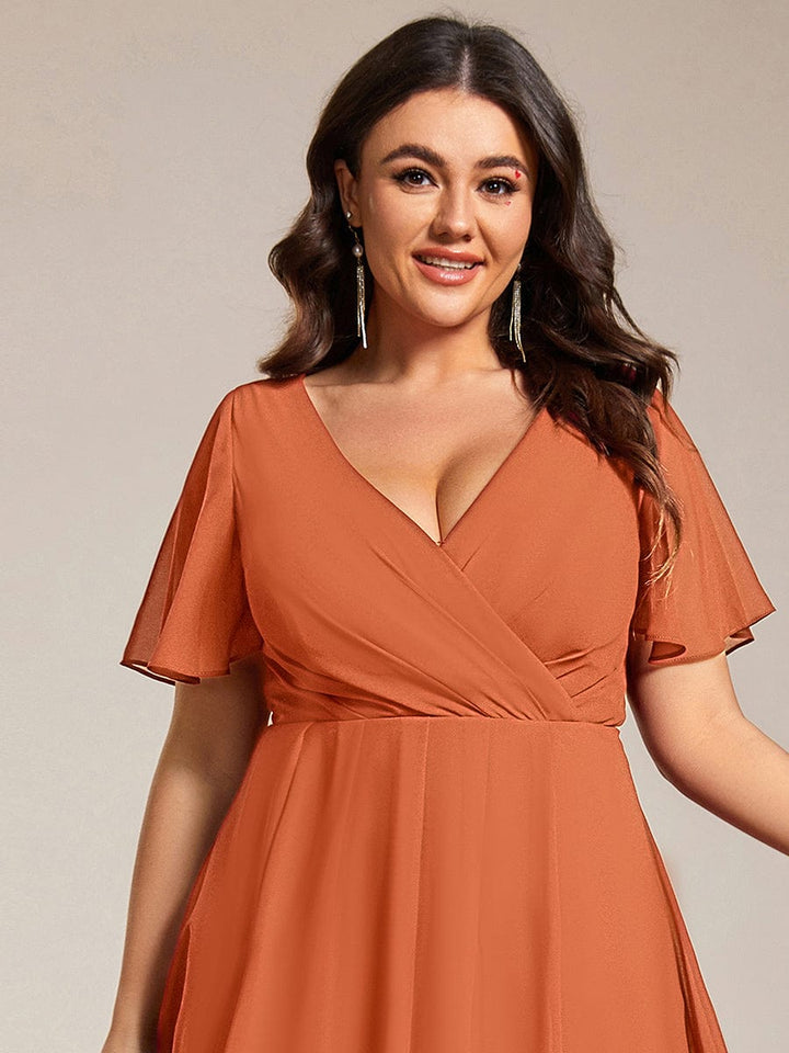 pretty LARK|Plus Size Chiffon Short Sleeve High-Low Wedding Guest Dress