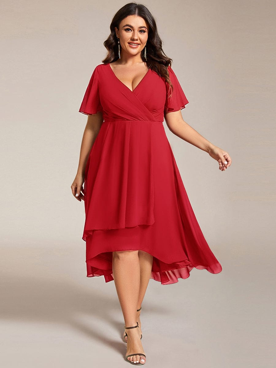 pretty LARK|Plus Size Chiffon Short Sleeve High-Low Wedding Guest Dress