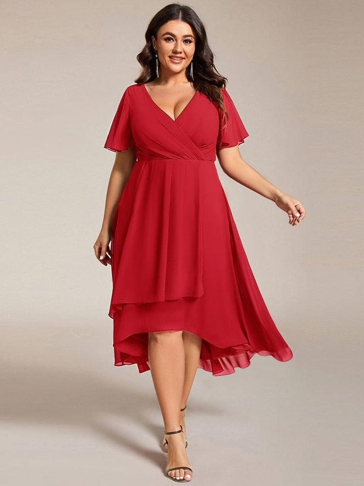 pretty LARK|Plus Size Chiffon Short Sleeve High-Low Wedding Guest Dress