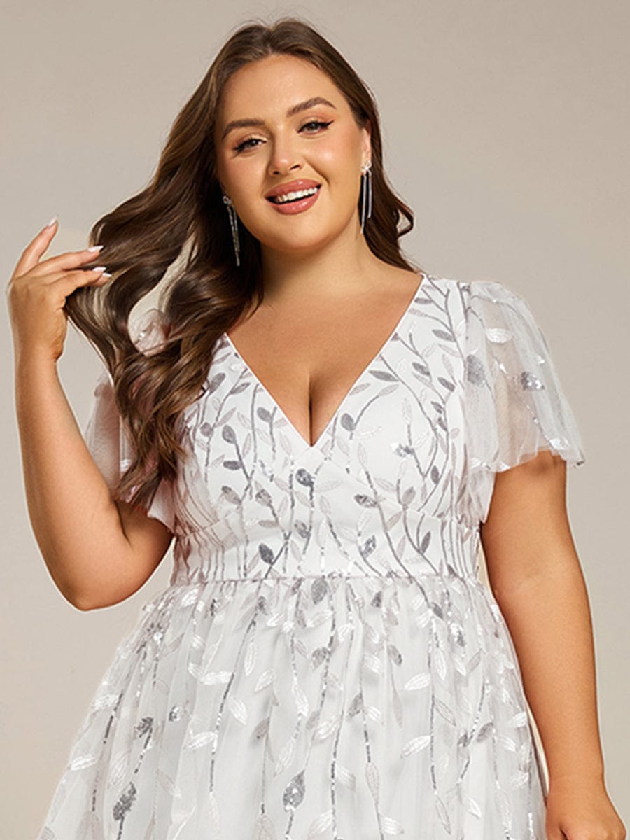 pretty SIMONE|Plus Size Leaf Sequin Tulle Midi Wedding Guest Dress