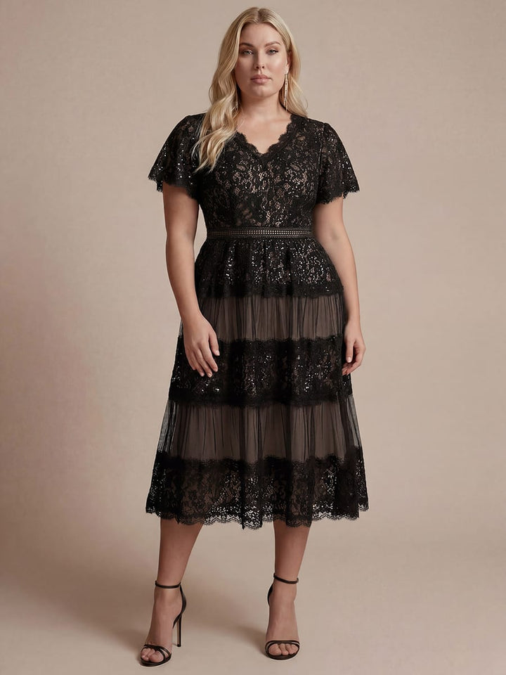 Plus Size Lace Ruffle Sleeve A-line Dress
