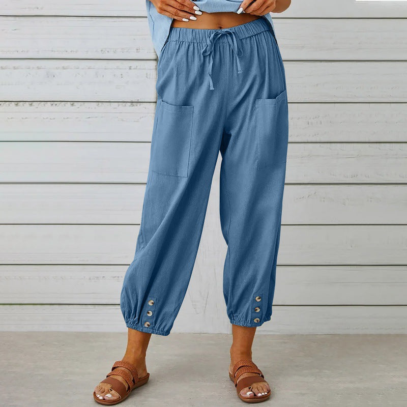 Loose Fit Women's Cropped Cotton Linen Pants Wide Leg