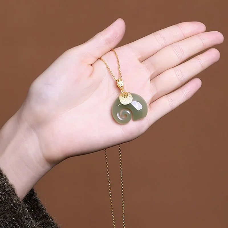 Hetian Jade Elephant Pendant Necklace – 18K Gold Plated Chain for Women