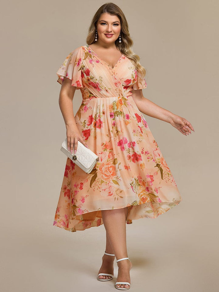 pretty FAYE|Plus Size V-Neck High-Low Chiffon Wedding Guest Dress