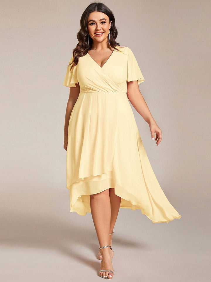 pretty LARK|Plus Size Chiffon Short Sleeve High-Low Wedding Guest Dress