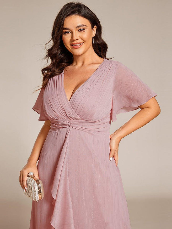 pretty OPAHL|Plus Size Glitter Short Sleeve A-Line Midi Wedding Guest Dress with Ruffled Hem