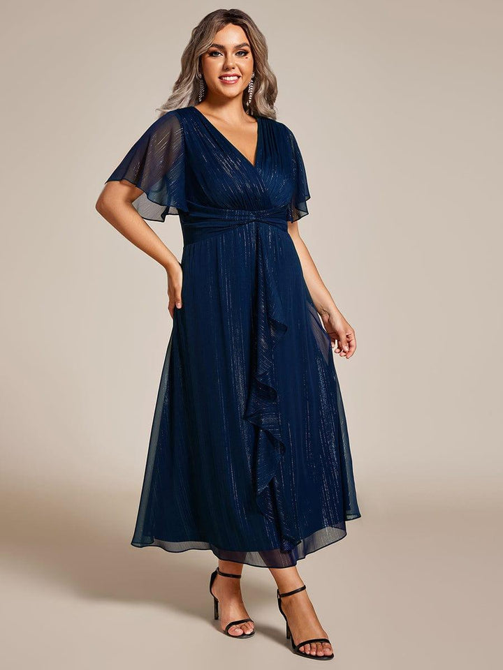 pretty OPAHL|Plus Size Glitter Short Sleeve A-Line Midi Wedding Guest Dress with Ruffled Hem
