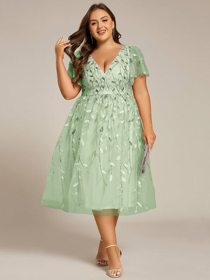 pretty SIMONE|Plus Size Leaf Sequin Tulle Midi Wedding Guest Dress