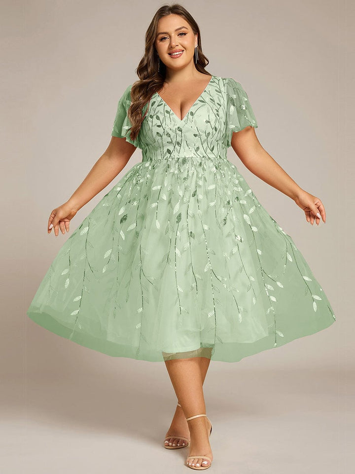 pretty SIMONE|Plus Size Leaf Sequin Tulle Midi Wedding Guest Dress