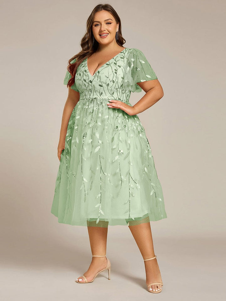 pretty SIMONE|Plus Size Leaf Sequin Tulle Midi Wedding Guest Dress