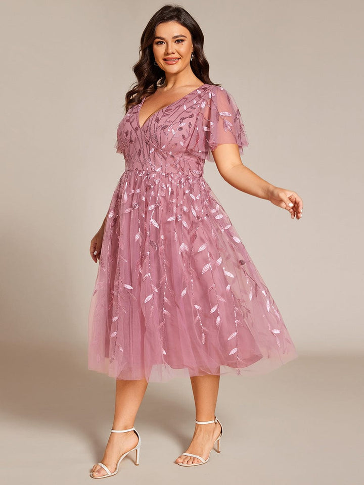 pretty SIMONE|Plus Size Leaf Sequin Tulle Midi Wedding Guest Dress
