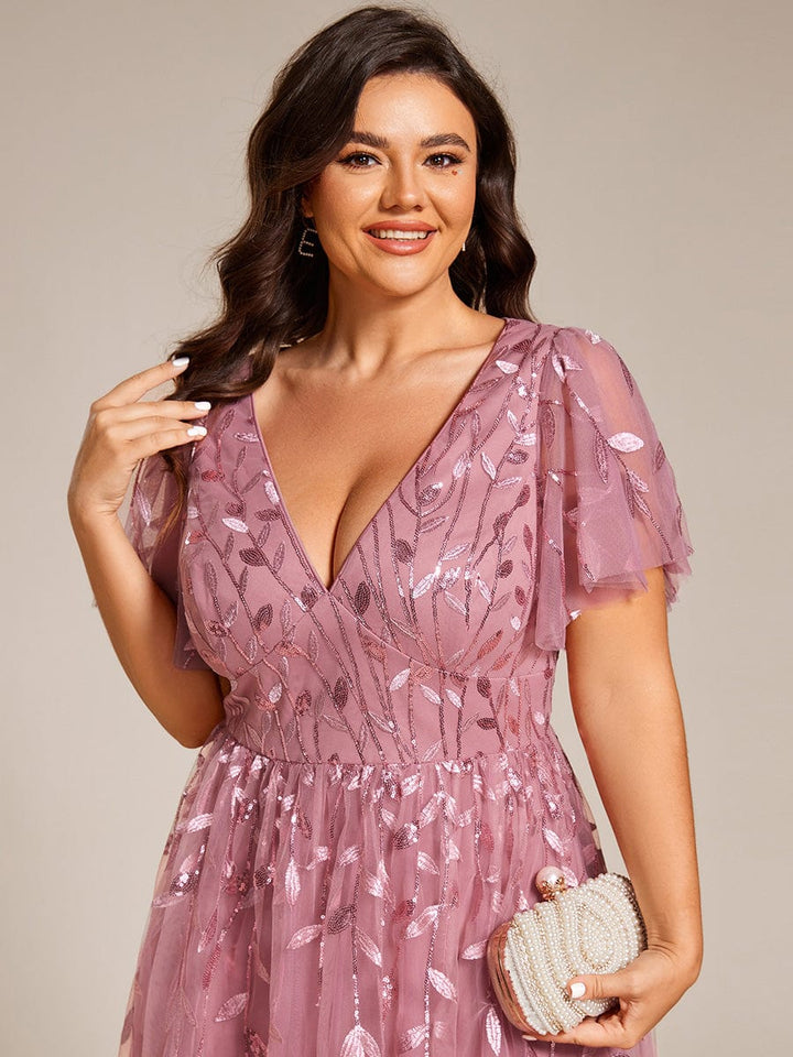 pretty SIMONE|Plus Size Leaf Sequin Tulle Midi Wedding Guest Dress