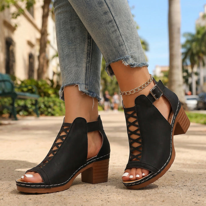 Sabrina Open-Toe Buckle Heels