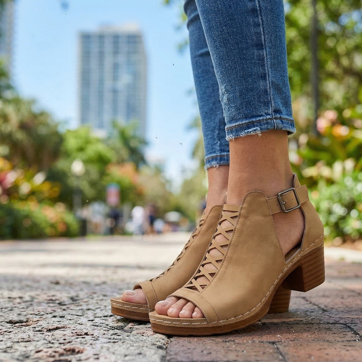 Sabrina Open-Toe Buckle Heels