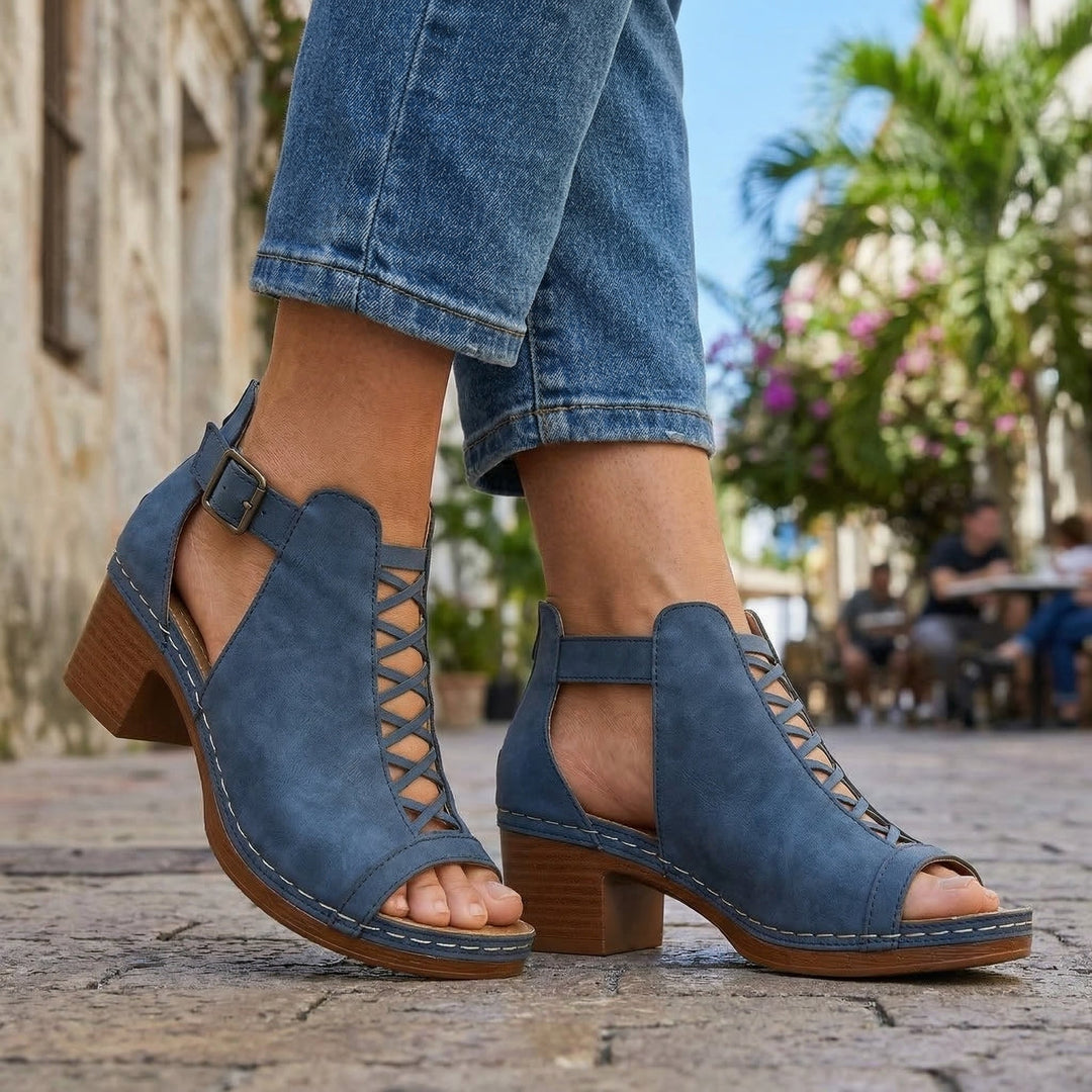Sabrina Open-Toe Buckle Heels